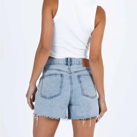 Princess Polly Xena Asymmetrical Waistband Blue Denim Shorts Sz US 8 - Picture 3 of 6